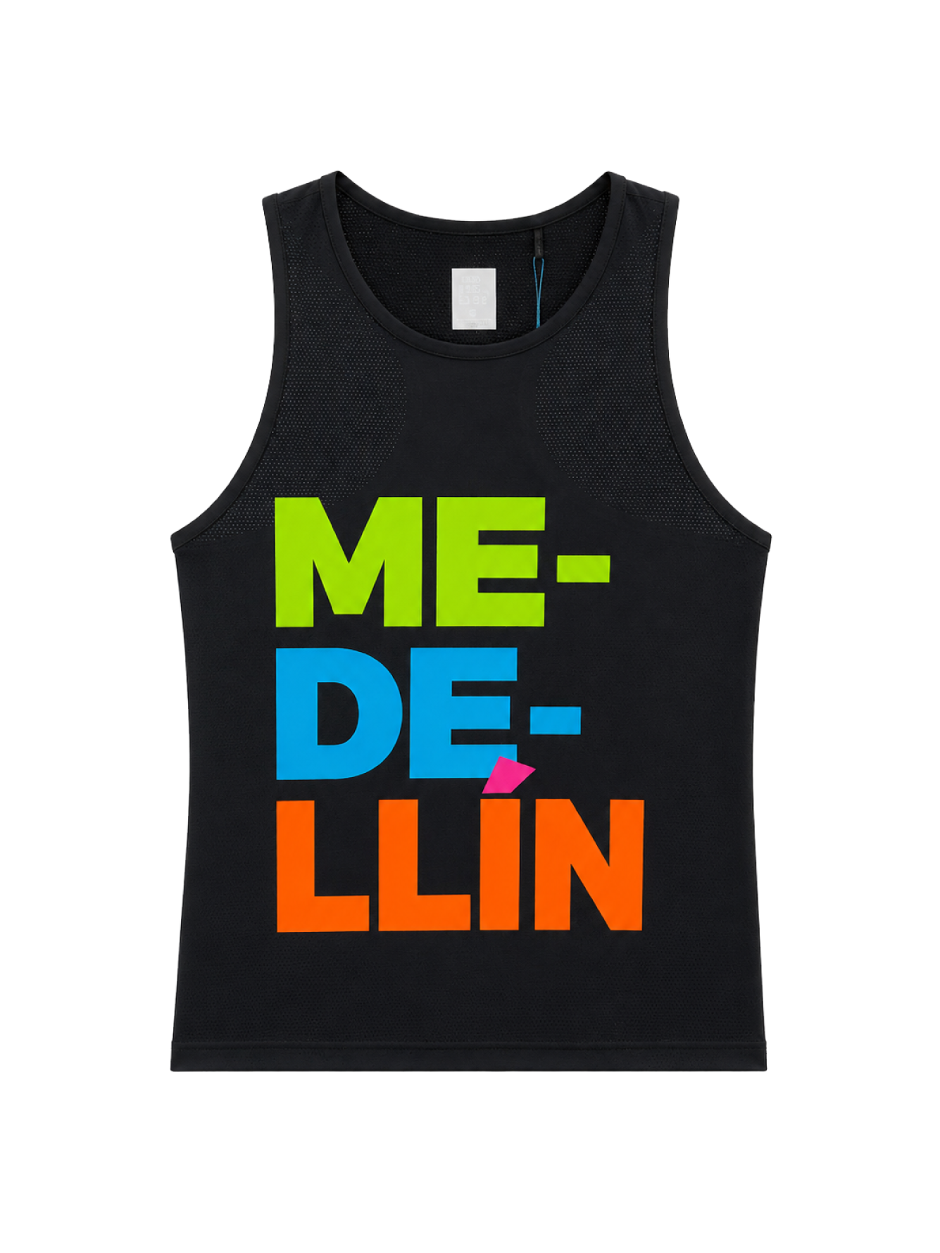 Camiseta sin manga hombre Medellín azul oscuro con diseño tipográfico multicolor