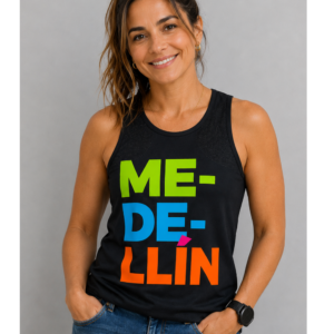Camiseta sin manga mujer Medellín azul oscuro con diseño tipográfico multicolor