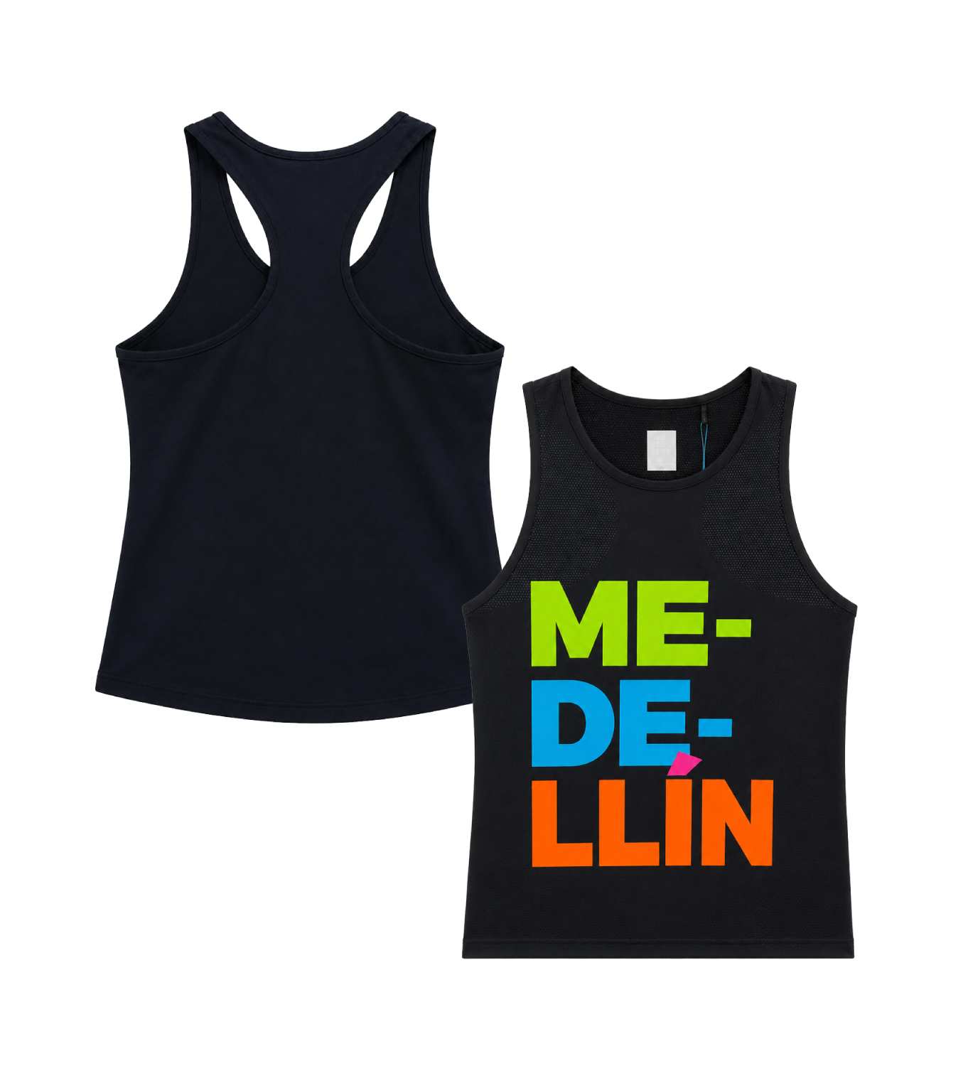 Camiseta sin manga mujer Medellín azul oscuro con diseño tipográfico multicolor