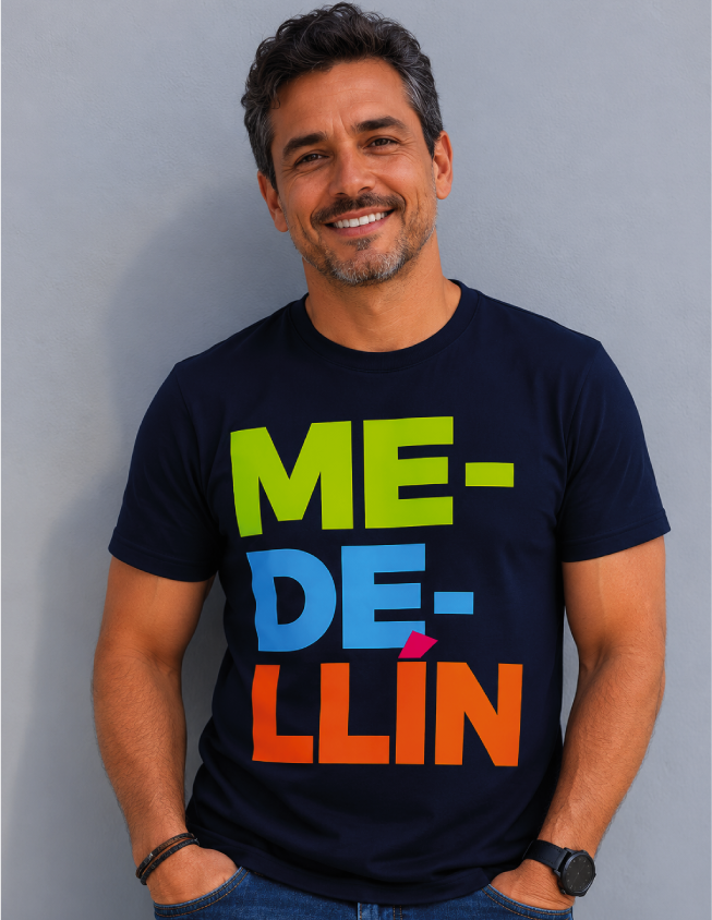 Camiseta unisex Medellín azul oscuro con estampado tipográfico multicolor estilo urbano