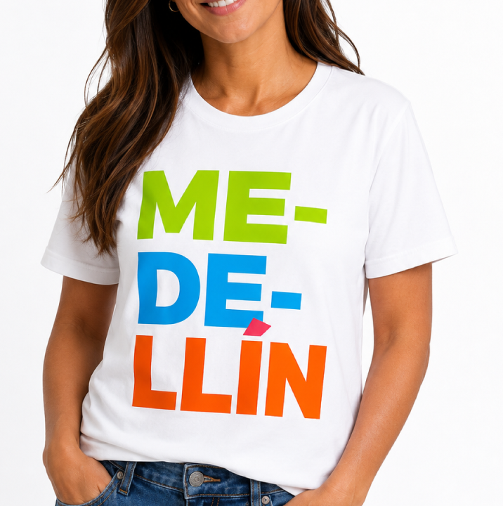 Camiseta unisex Medellín blanca con estampado tipográfico multicolor estilo urbano