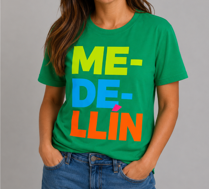 Camiseta unisex Medellín verde con estampado tipográfico multicolor estilo urbano