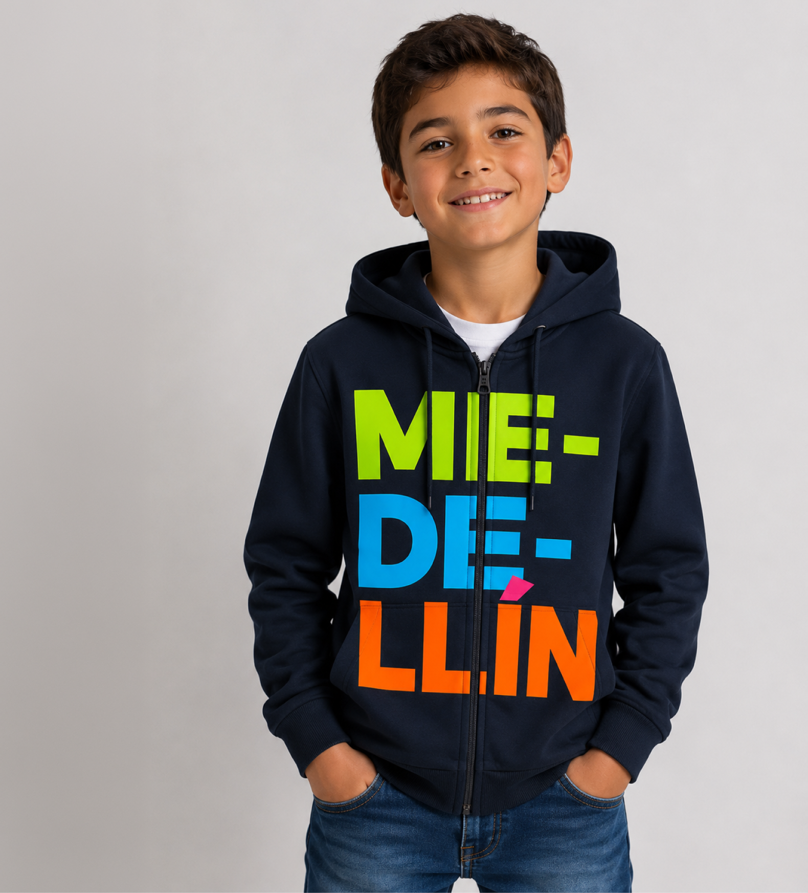 Chompa infantil Medellín azul oscuro con cremallera y diseño tipográfico multicolor