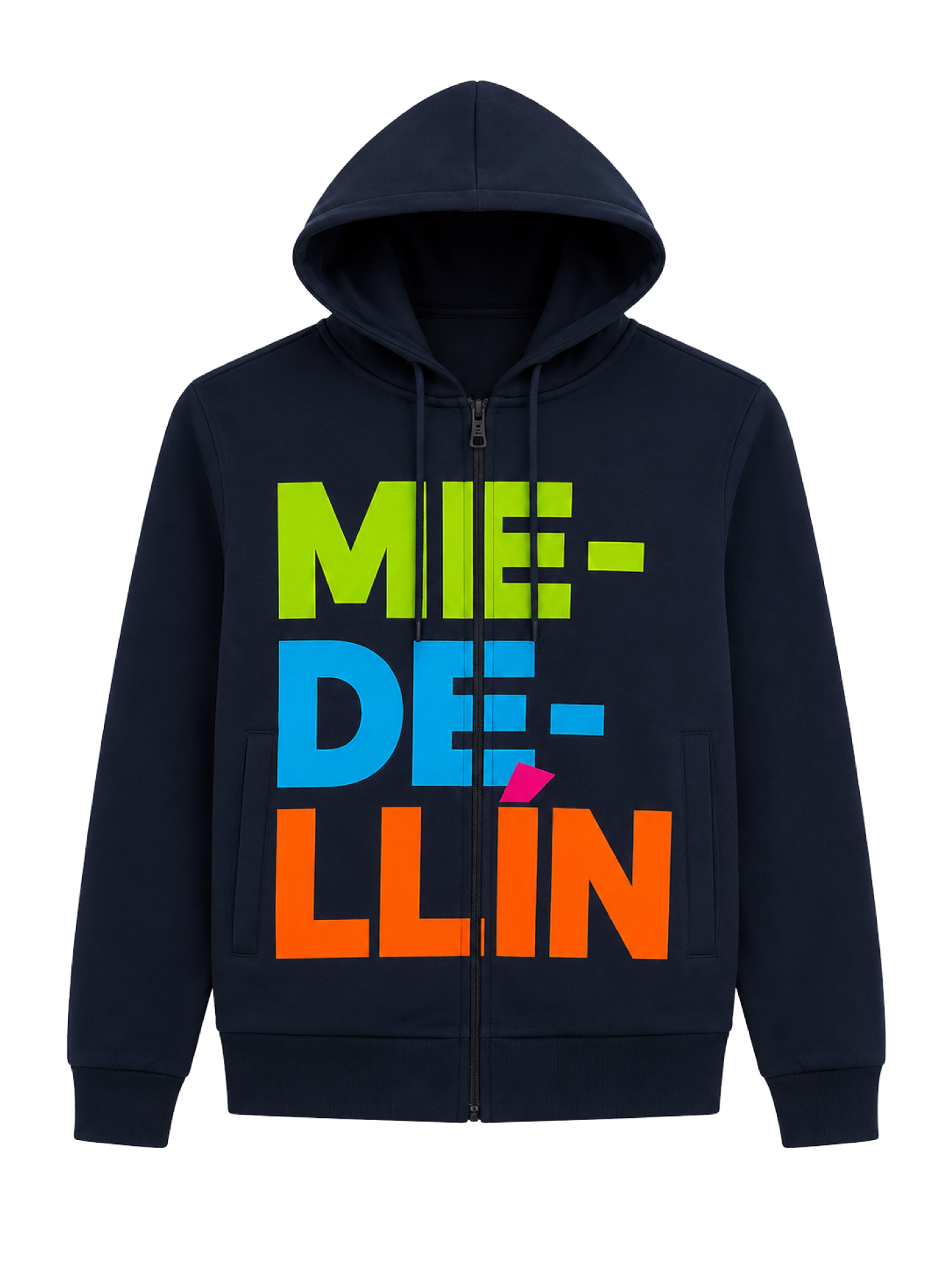Chompa unisex Medellín azul oscuro con cremallera y diseño tipográfico multicolor