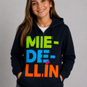 Chompa unisex Medellín azul oscuro con cremallera y diseño tipográfico multicolor