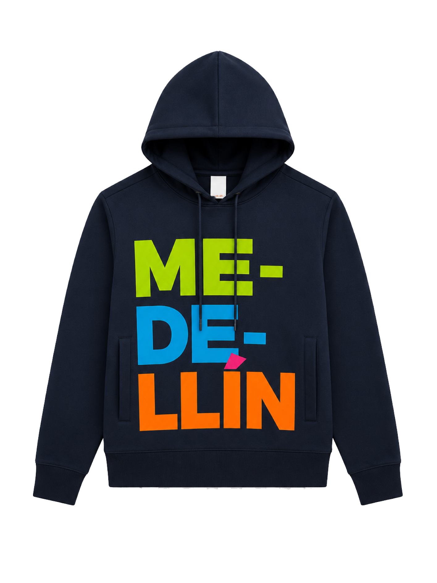 Chompa unisex Medellín azul oscuro con diseño tipográfico multicolor