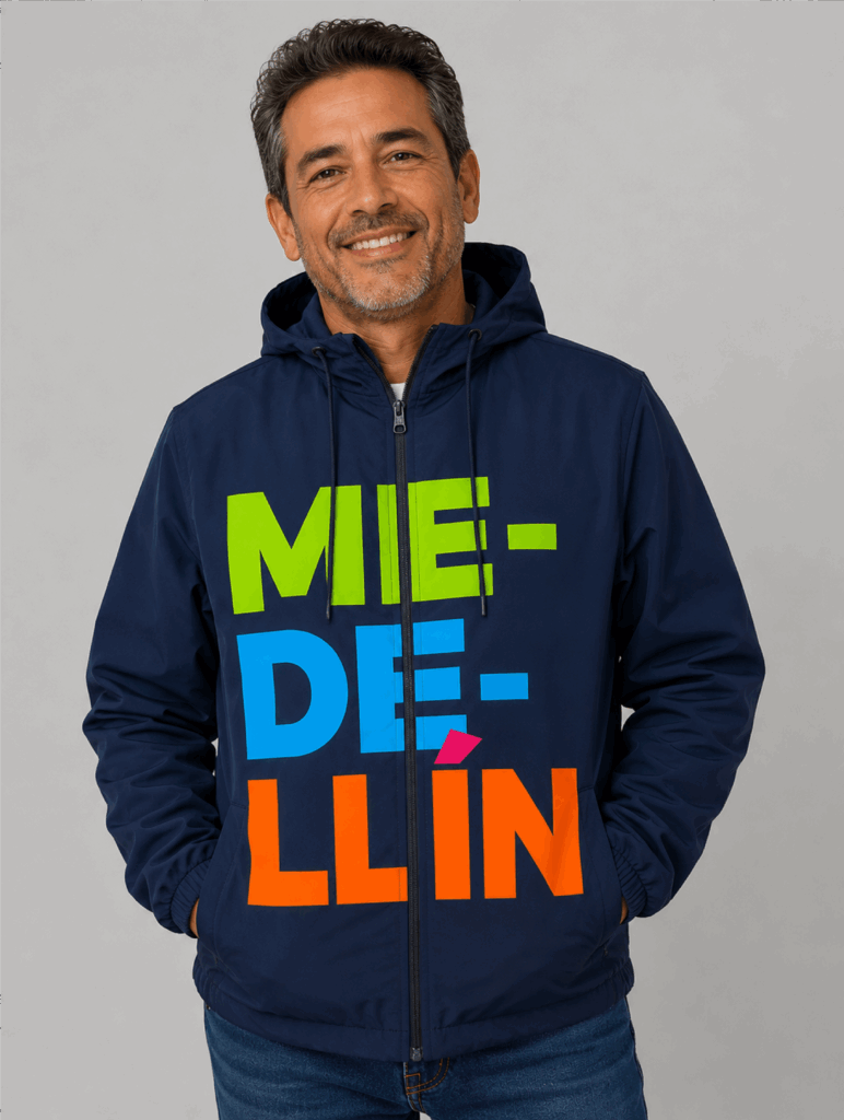 Rompevientos unisex Medellín azul oscuro con diseño tipográfico multicolor